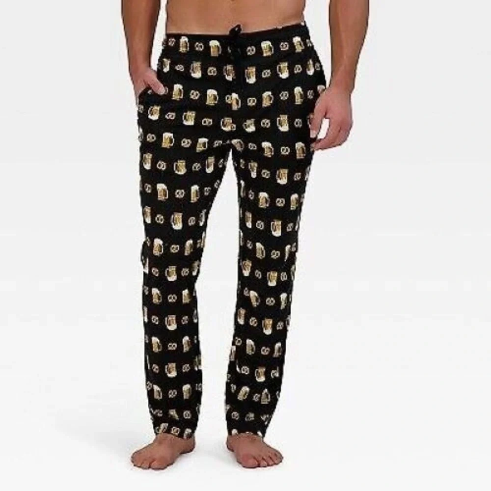 Hanes Premium Mens Size Medium 2pk Beer & Pretzel‎ Food Print Pajama Set
